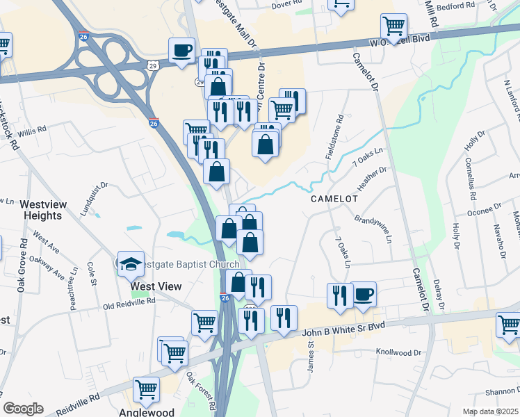 map of restaurants, bars, coffee shops, grocery stores, and more near 1020 Hunt Club Lane in Spartanburg