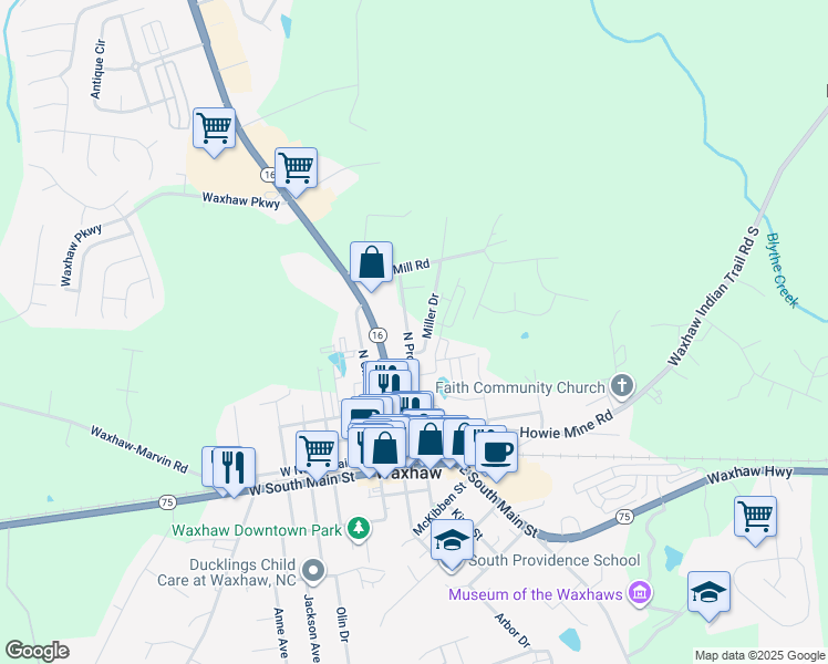 map of restaurants, bars, coffee shops, grocery stores, and more near 520 North Providence Street in Waxhaw