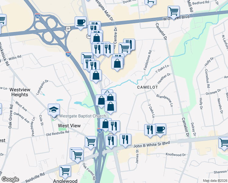 map of restaurants, bars, coffee shops, grocery stores, and more near 1099 Hunt Club Lane in Spartanburg