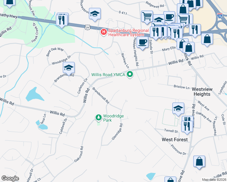 map of restaurants, bars, coffee shops, grocery stores, and more near 213 East Woodglen Road in Spartanburg