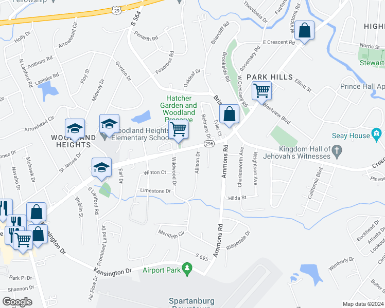 map of restaurants, bars, coffee shops, grocery stores, and more near 819 John B White Sr Boulevard in Spartanburg