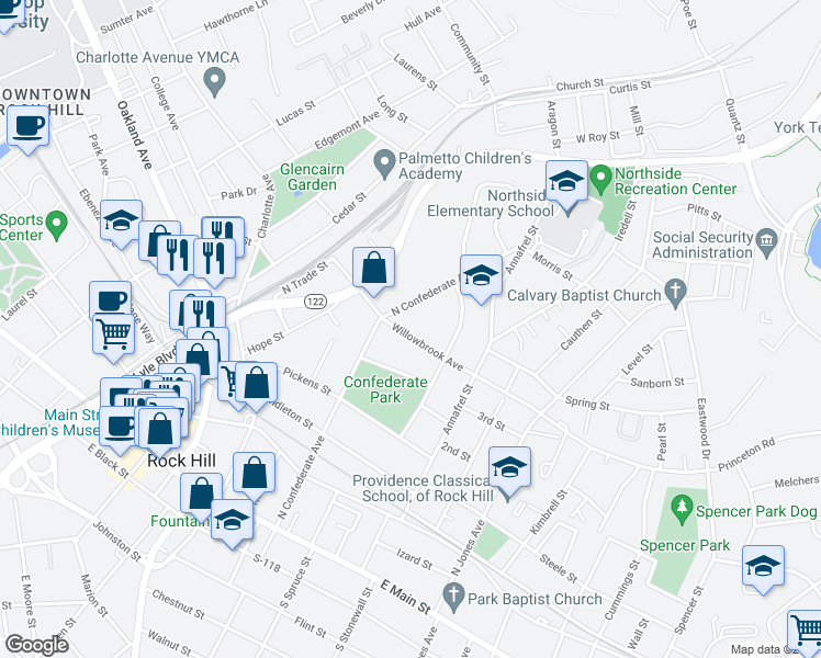 map of restaurants, bars, coffee shops, grocery stores, and more near 429 WillowBrook Avenue in Rock Hill