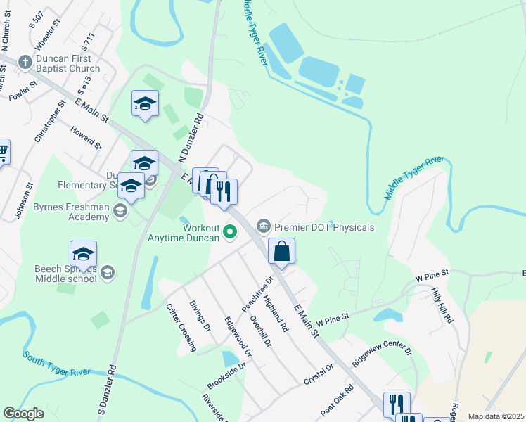 map of restaurants, bars, coffee shops, grocery stores, and more near 103 Holly Drive in Duncan
