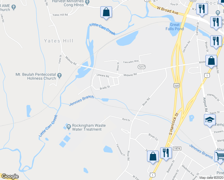 map of restaurants, bars, coffee shops, grocery stores, and more near 105 Brady Street in Rockingham