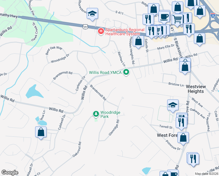 map of restaurants, bars, coffee shops, grocery stores, and more near 213 East Woodglen Road in Spartanburg