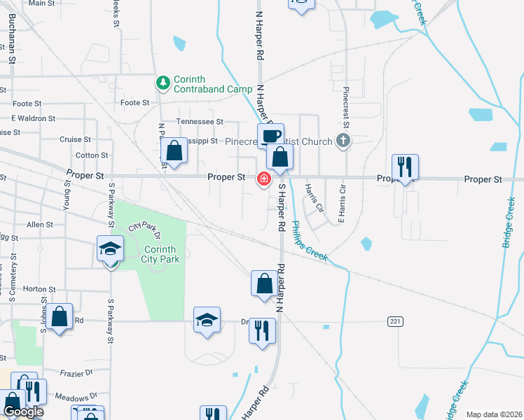 map of restaurants, bars, coffee shops, grocery stores, and more near 125 Pratt Drive in Corinth