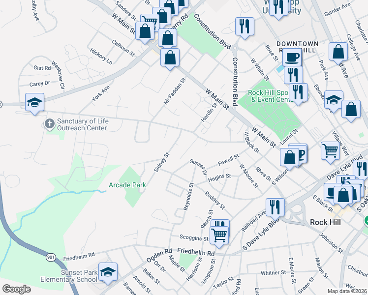 map of restaurants, bars, coffee shops, grocery stores, and more near 338 Friendship Drive in Rock Hill