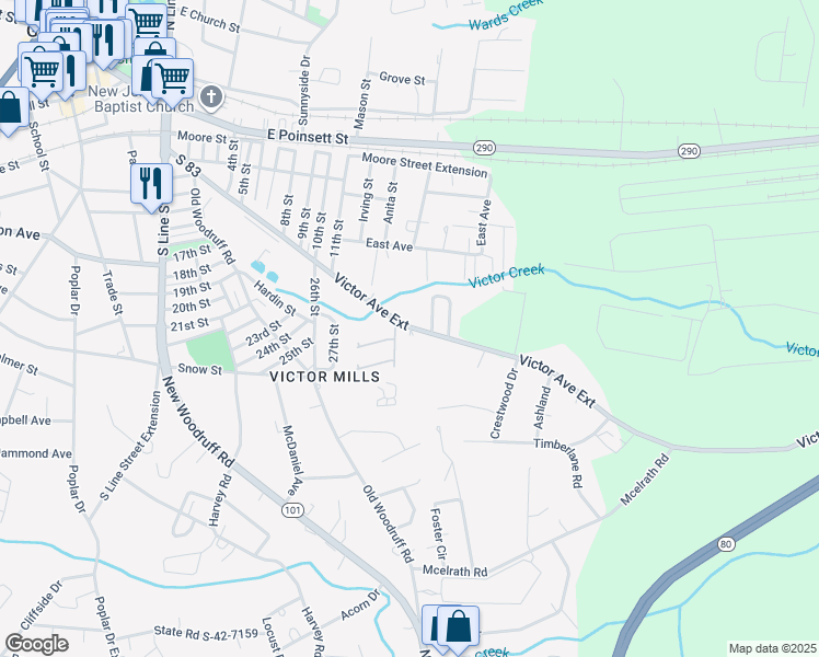 map of restaurants, bars, coffee shops, grocery stores, and more near 144 Victor Avenue in Greer