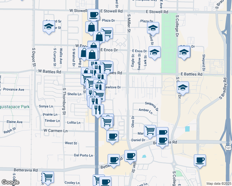 map of restaurants, bars, coffee shops, grocery stores, and more near 280 East Newlove Drive in Santa Maria
