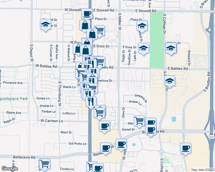 map of restaurants, bars, coffee shops, grocery stores, and more near 280 East Newlove Drive in Santa Maria