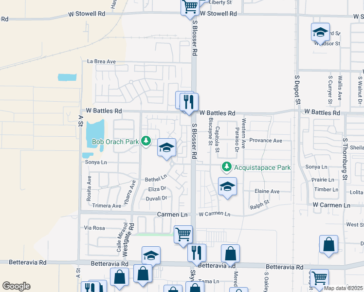 map of restaurants, bars, coffee shops, grocery stores, and more near 1715 South Sorrento Lane in Santa Maria