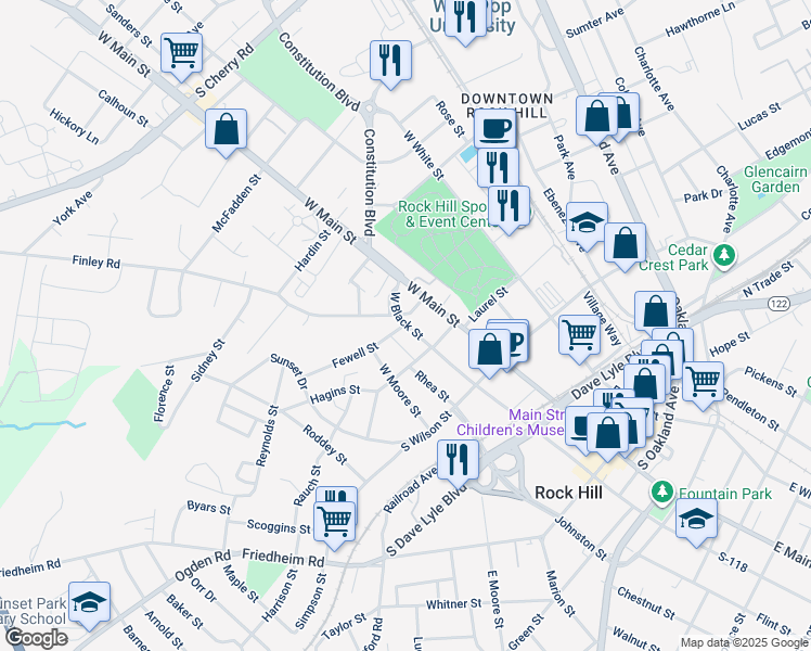 map of restaurants, bars, coffee shops, grocery stores, and more near 327 West Black Street in Rock Hill