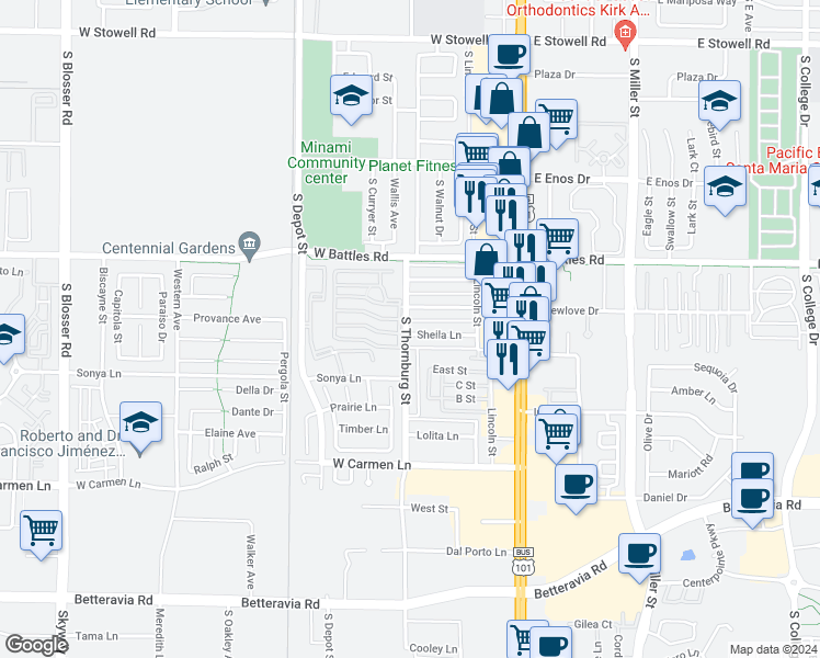 map of restaurants, bars, coffee shops, grocery stores, and more near 1718 South Thornburg Street in Santa Maria