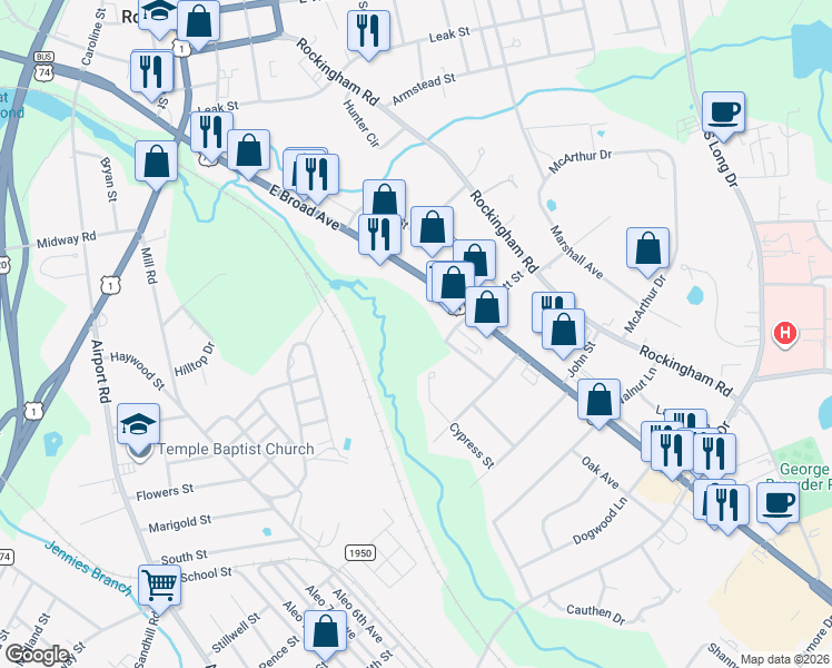 map of restaurants, bars, coffee shops, grocery stores, and more near 726 Pickett Street in Rockingham