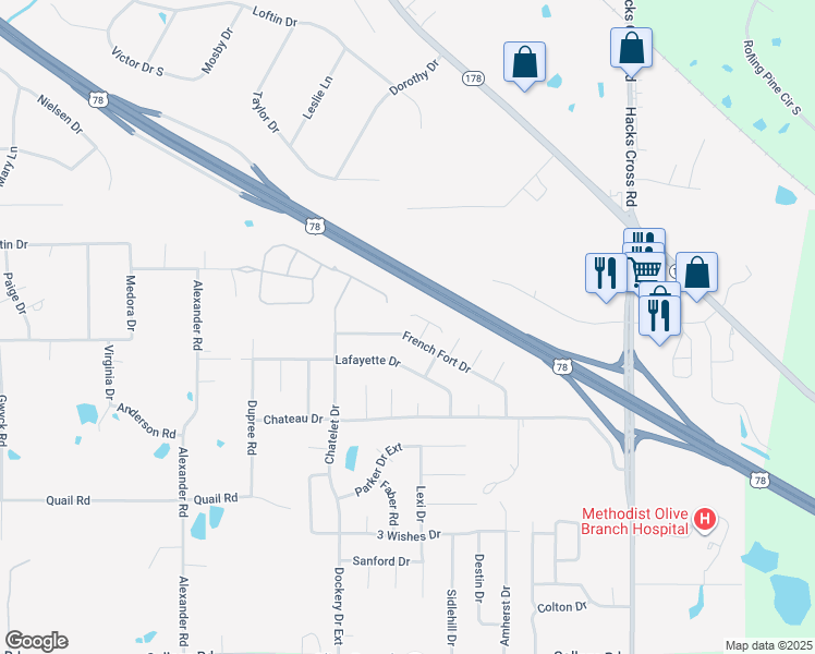 map of restaurants, bars, coffee shops, grocery stores, and more near 10520 French Fort Drive in Olive Branch