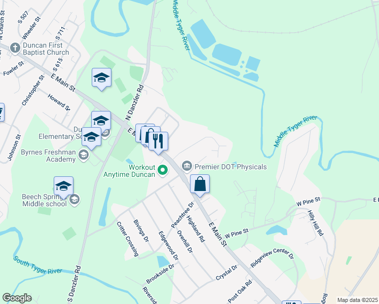 map of restaurants, bars, coffee shops, grocery stores, and more near 103 Holly Drive in Duncan