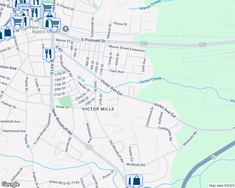 map of restaurants, bars, coffee shops, grocery stores, and more near 142 Victor Avenue in Greer
