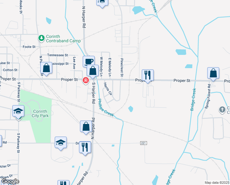 map of restaurants, bars, coffee shops, grocery stores, and more near 110 Nashway Street in Corinth