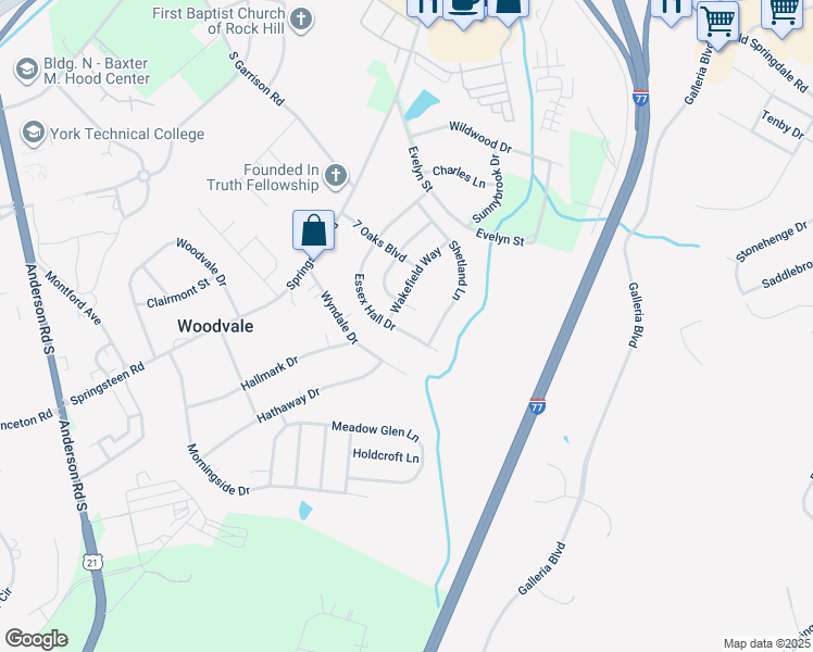 map of restaurants, bars, coffee shops, grocery stores, and more near 1594 Essex Hall Drive in Rock Hill