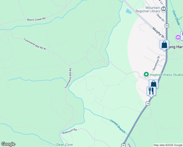 map of restaurants, bars, coffee shops, grocery stores, and more near 1371 Deerfield Road in Young Harris