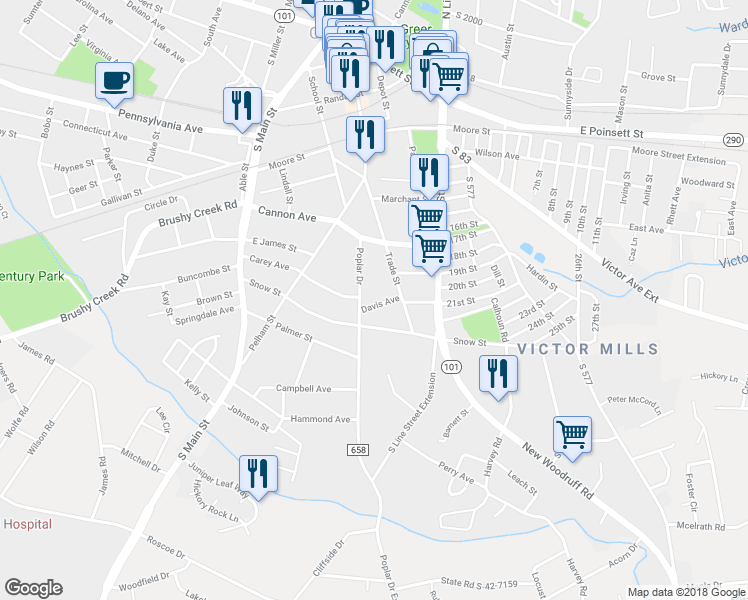 map of restaurants, bars, coffee shops, grocery stores, and more near 103 Davis Avenue in Greer