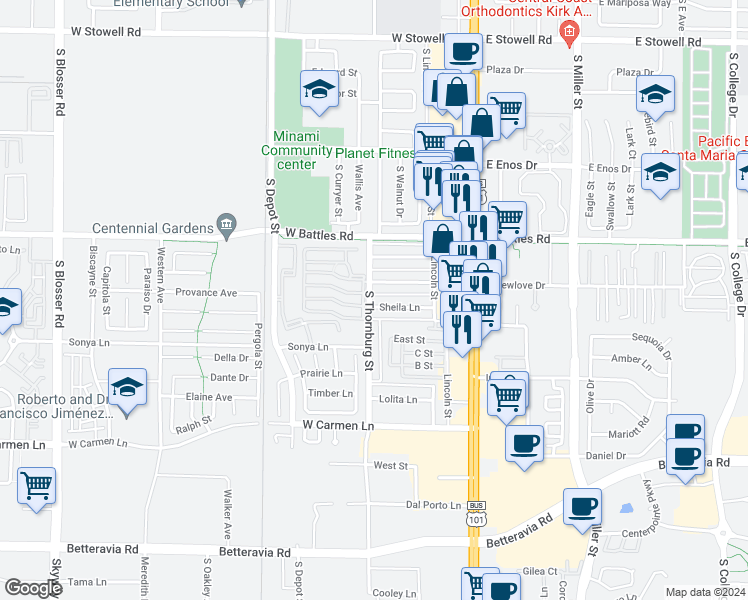 map of restaurants, bars, coffee shops, grocery stores, and more near 1712 South Thornburg Street in Santa Maria