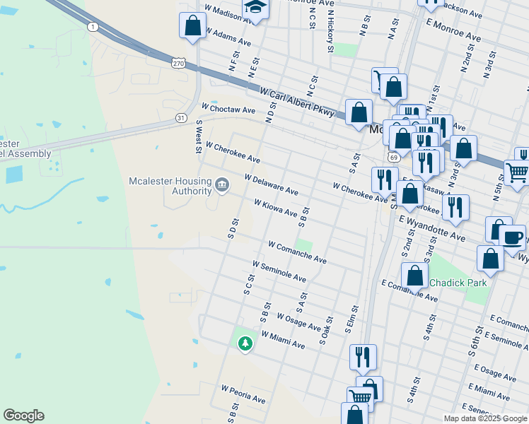 map of restaurants, bars, coffee shops, grocery stores, and more near 501 South C Street in McAlester