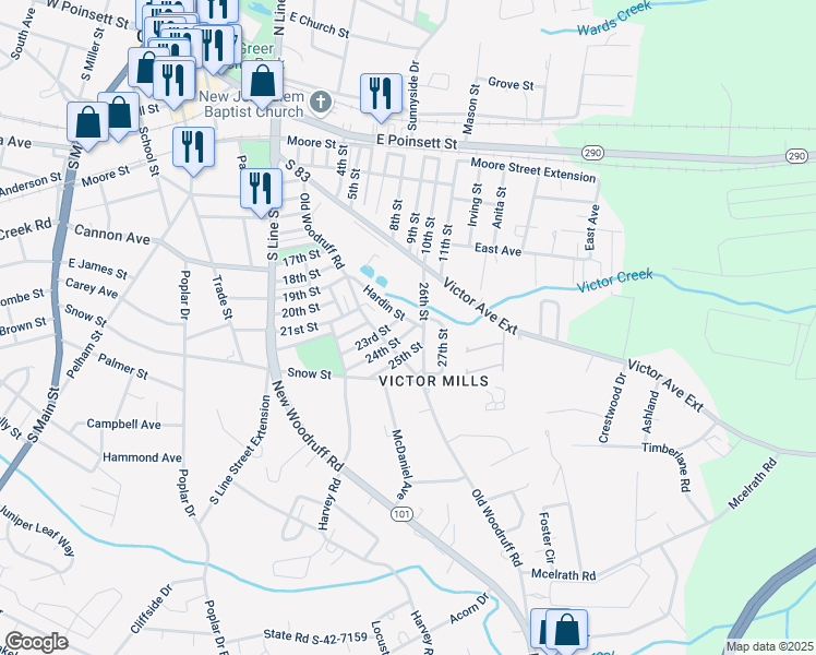 map of restaurants, bars, coffee shops, grocery stores, and more near 5 26th Street in Greer