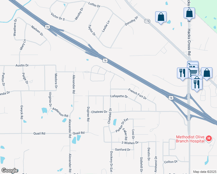 map of restaurants, bars, coffee shops, grocery stores, and more near 4745 Chatelet Drive in Olive Branch
