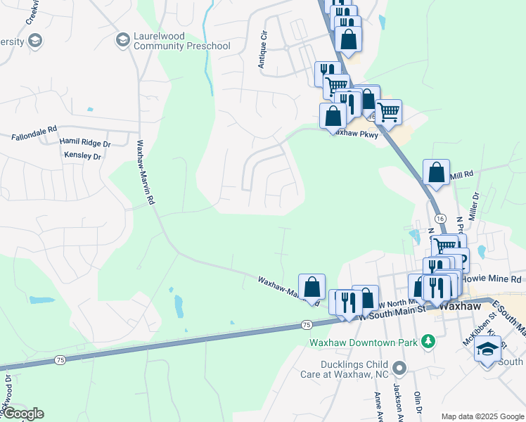 map of restaurants, bars, coffee shops, grocery stores, and more near 1905 Beckwith Lane in Waxhaw