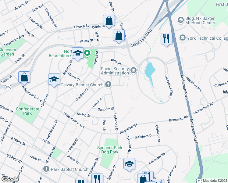 map of restaurants, bars, coffee shops, grocery stores, and more near 859 Eastwood Drive in Rock Hill