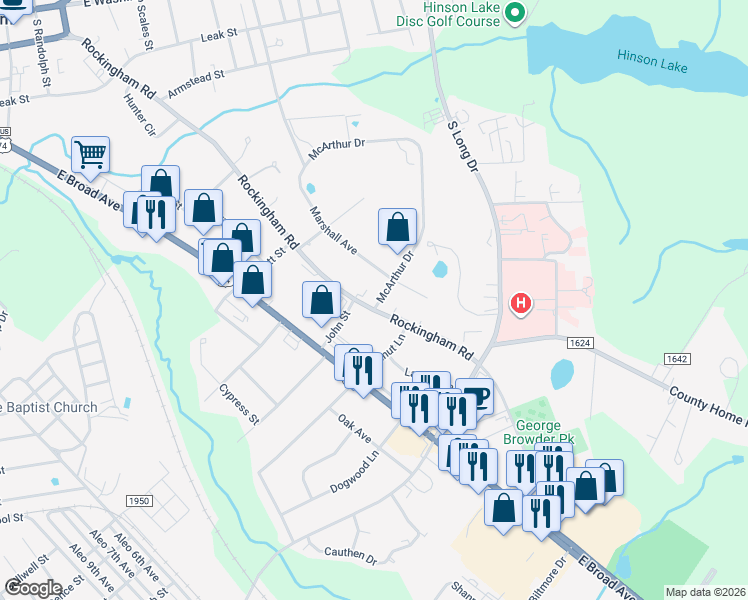 map of restaurants, bars, coffee shops, grocery stores, and more near 1008 Rockingham Road in Rockingham