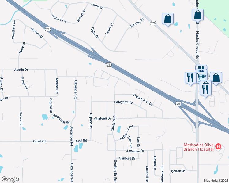 map of restaurants, bars, coffee shops, grocery stores, and more near 4798 Chatelet Drive in Olive Branch
