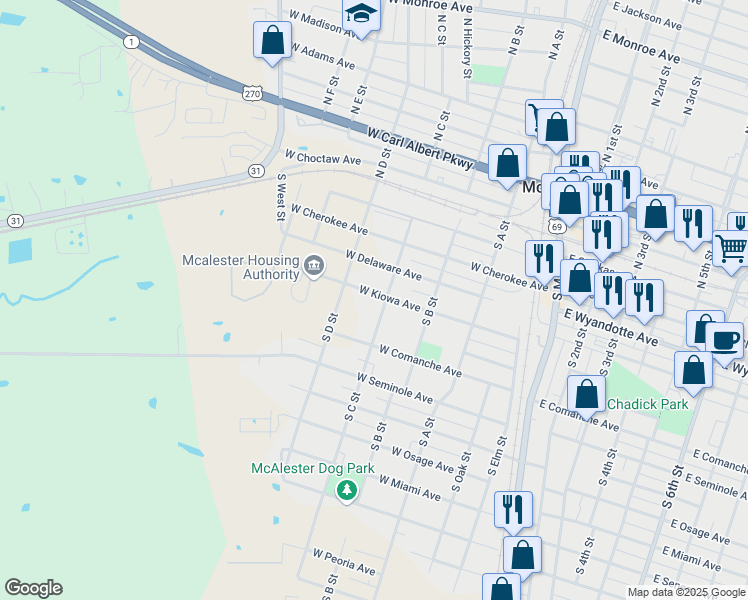 map of restaurants, bars, coffee shops, grocery stores, and more near 501 South C Street in McAlester