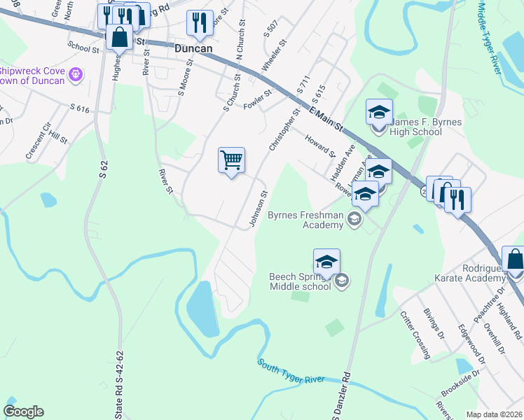 map of restaurants, bars, coffee shops, grocery stores, and more near 122 Johnson Street in Duncan