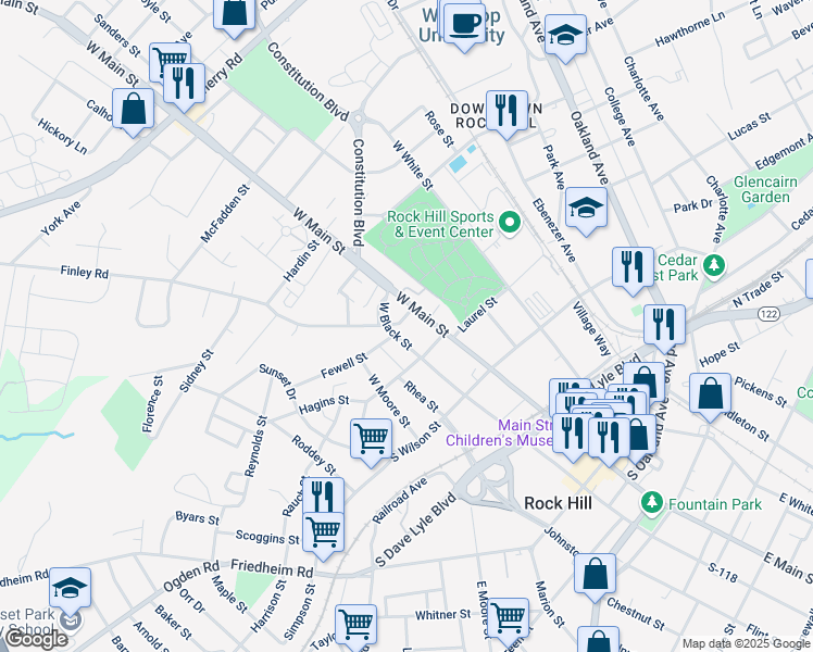 map of restaurants, bars, coffee shops, grocery stores, and more near 327 West Black Street in Rock Hill