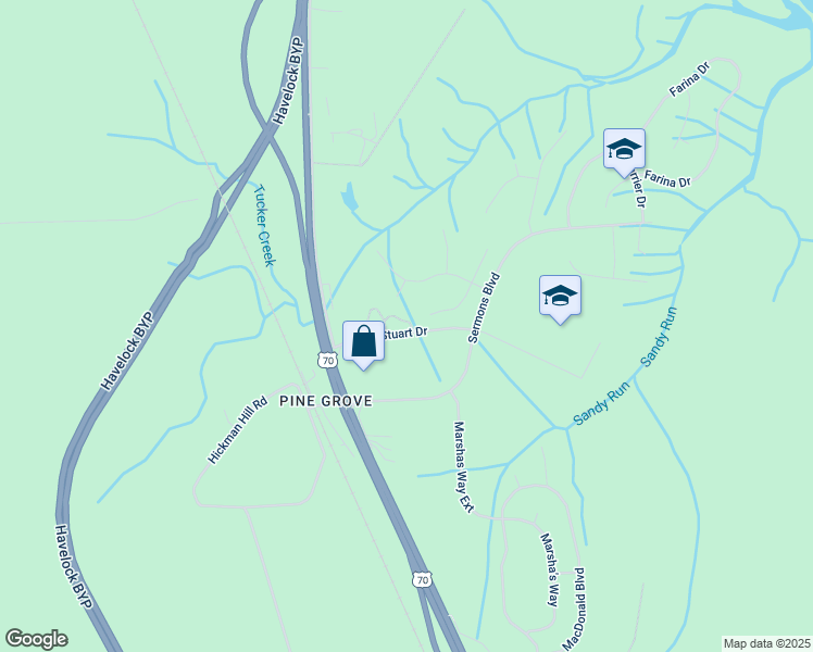 map of restaurants, bars, coffee shops, grocery stores, and more near 102 Prowler Ln in Havelock