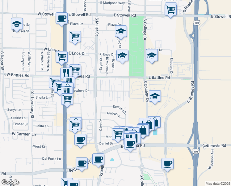 map of restaurants, bars, coffee shops, grocery stores, and more near 570 East Newlove Drive in Santa Maria