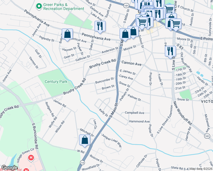 map of restaurants, bars, coffee shops, grocery stores, and more near 205 Brown Street in Greer