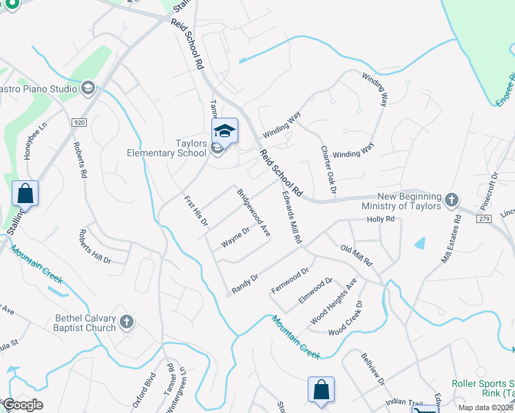 map of restaurants, bars, coffee shops, grocery stores, and more near 101 Bridgewood Avenue in Taylors