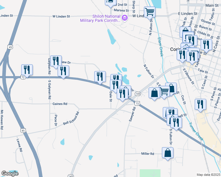 map of restaurants, bars, coffee shops, grocery stores, and more near 803 U.S. 72 in Corinth