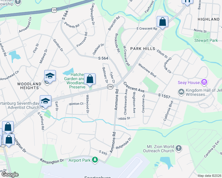 map of restaurants, bars, coffee shops, grocery stores, and more near 101 Spires Court in Spartanburg