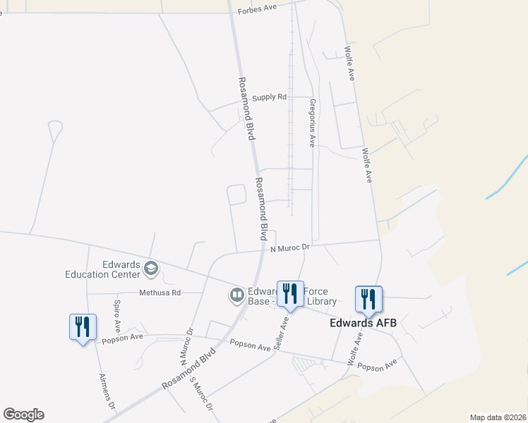 map of restaurants, bars, coffee shops, grocery stores, and more near 26 Rosamond Boulevard in Edwards Air Force Base