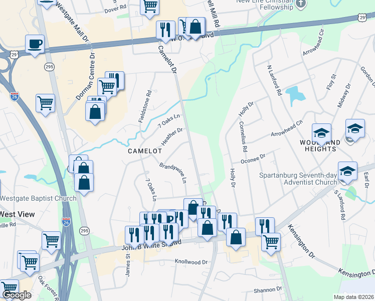 map of restaurants, bars, coffee shops, grocery stores, and more near 101 Tennyson Court in Spartanburg