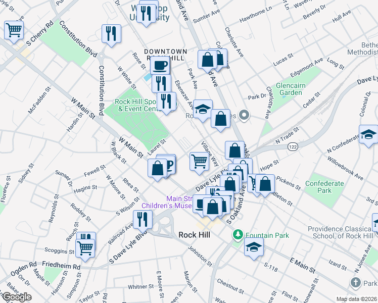 map of restaurants, bars, coffee shops, grocery stores, and more near 218 North Wilson Street in Rock Hill