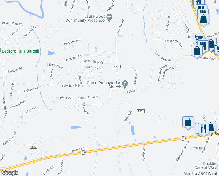 map of restaurants, bars, coffee shops, grocery stores, and more near 5054 Oakmere Road in Waxhaw