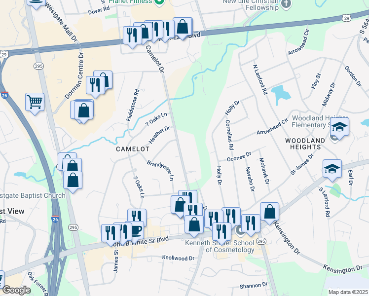 map of restaurants, bars, coffee shops, grocery stores, and more near 501 Camelot Drive in Spartanburg