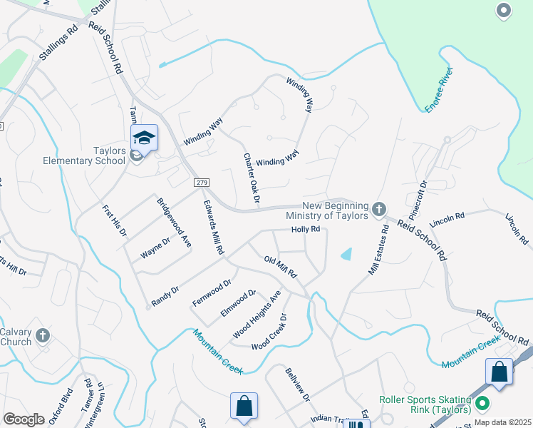 map of restaurants, bars, coffee shops, grocery stores, and more near 521 Reid School Road in Taylors