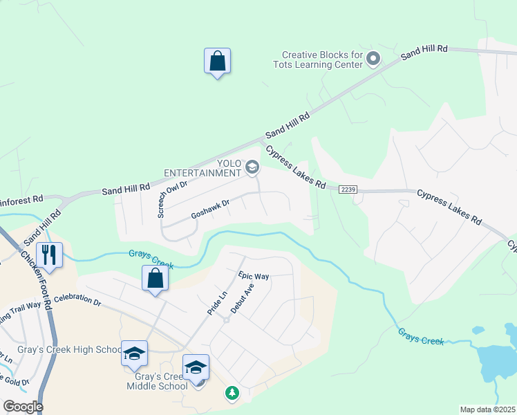 map of restaurants, bars, coffee shops, grocery stores, and more near 1216 Screech Owl Drive in Hope Mills