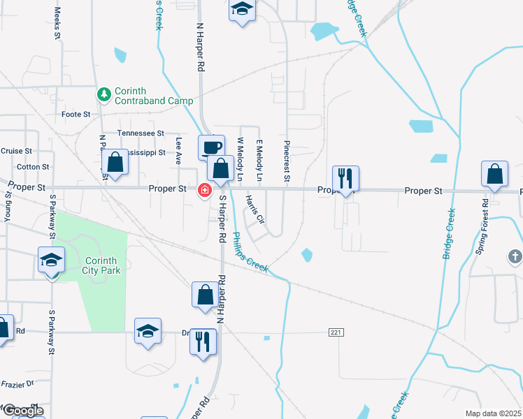 map of restaurants, bars, coffee shops, grocery stores, and more near 110 Nashway Street in Corinth